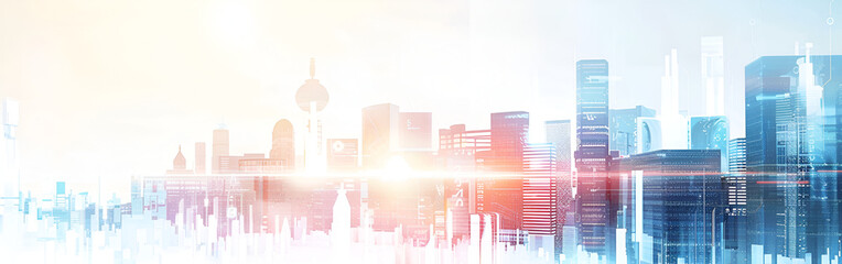 Abstract blue cityscape with skyscrapers on white background with red and blue light on building
