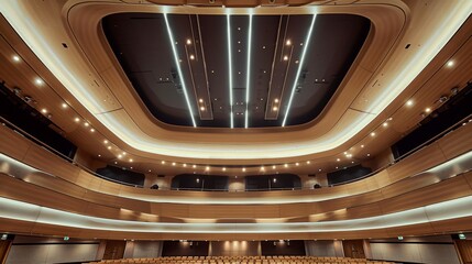 Viewed from below, expansive auditorium ceiling, prepared for assemblies, capturing lighting and intricate design details