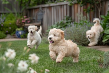 Assorted puppy playtime in sunny backyard, showcasing various breeds and cheerful energy