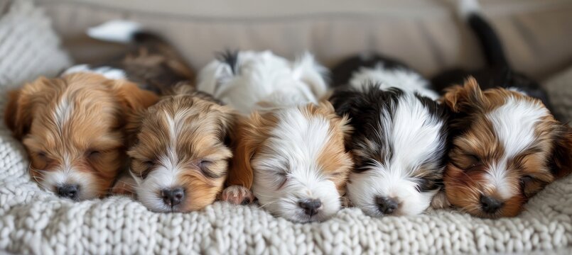 Adorable newborn puppy peacefully napping with siblings in a cozy and warm basket