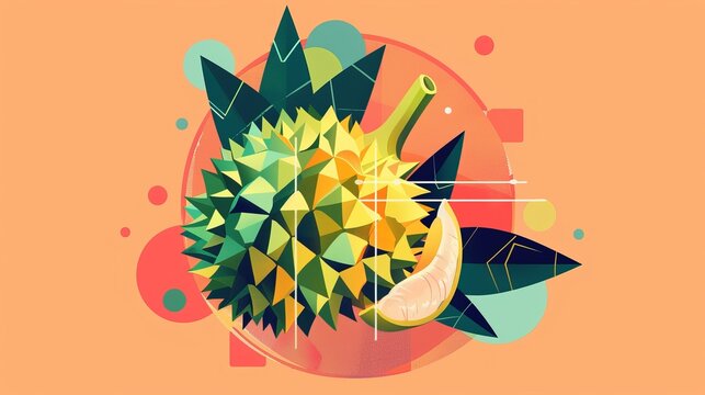 17. Flat design illustration of a durian with geometric patterns and vibrant colors, conveying a modern and minimalist aesthetic