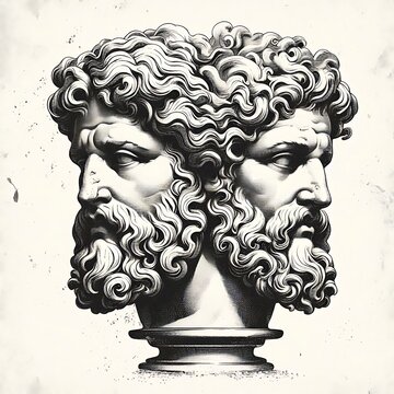 Antique bust of the god Janus on a transparent background, with a grainy texture, vintage illustration