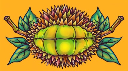 30. Traditional tattoo-style illustration of a durian, with bold lines and vibrant colors reminiscent of classic tattoo art