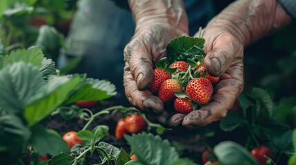 A person is holding a handful of strawberries in their hands. The strawberries are red and ripe. The hands are wrinkled and appear to be those of an older person.

 - Powered by Adobe