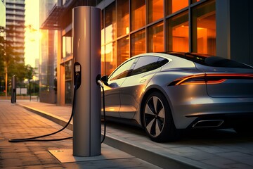 Innovative car connected to a charging station. Technological advances in the use of electric vehicle battery charging. An electric car is charged from an electric charger.
