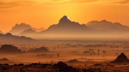 African landscape with mountains silhouettes and sunset 