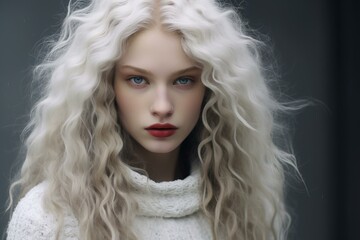 Fototapeta premium Portrait of a stunning young woman with voluminous curly blonde hair and captivating blue eyes