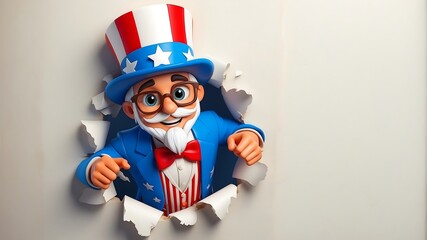 3d cute uncle sam, 4th of July poster peeking out of a hole in the wall, jumps out of a torn hole	