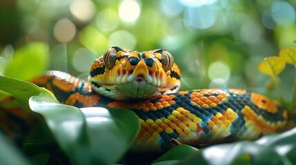 Amidst lush foliage of tropical rainforest Ball Python slithers silently through undergrowth iridescent scale shimmering like precious jewel dappled sunlight. sinuous body coiled anticipation wait pat