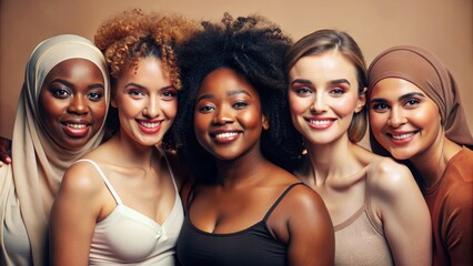 Obraz premium Face portrait, diversity and beauty of women in studio isolated on a brown background. Makeup cosmetics, skincare and group of female models with healthy or glowing skin after spa facial treatment.