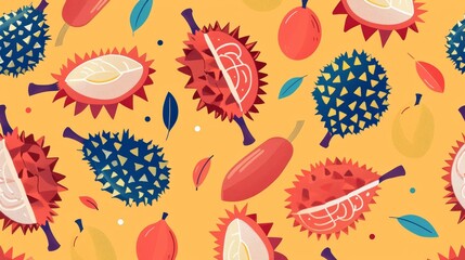 63. Flat design illustrations of durian fruits arranged in a pattern, with minimalist shapes and vibrant colors creating a modern and playful aesthetic