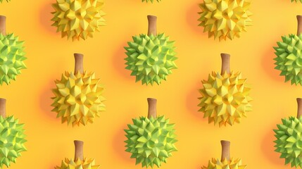 63. Flat design illustrations of durian fruits arranged in a pattern, with minimalist shapes and vibrant colors creating a modern and playful aesthetic