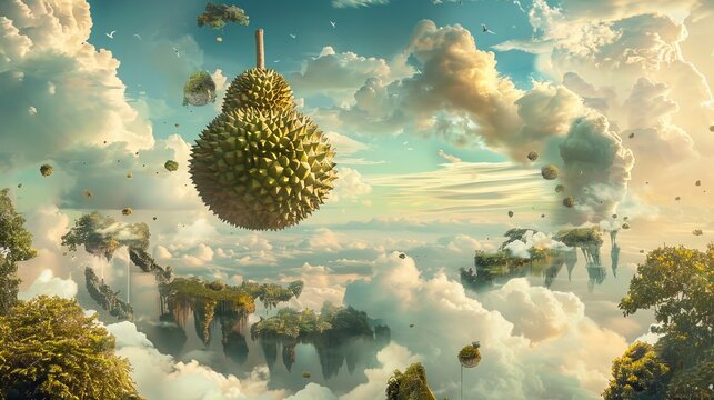 61. Surrealist dreamscapes of a durian floating in a surreal landscape, with distorted perspectives and dreamlike imagery evoking a sense of wonder and imagination