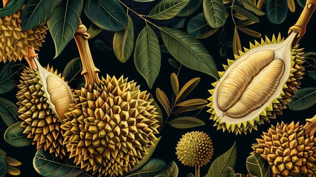 64. Art Deco luxury durian illustration with elegant lines and glamorous detailing, evoking the opulence and sophistication of the Art Deco era