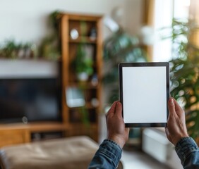 Hand holding digital tablet blank screen on indoor background. Close up view.