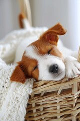 Sweet newborn puppy peacefully napping with siblings in a cozy and warm basket, a heartwarming scene
