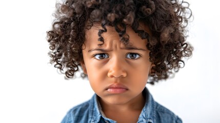 A cute mixed race toddler with curly hair and an angry expression, crying in tears, isolated on a white background.

