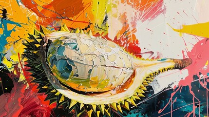 71. Contemporary abstract art piece featuring a durian rendered in bold, abstract shapes and vibrant colors, with a focus on form and composition to evoke a sense of modernity and innovation