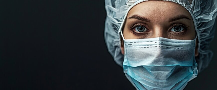 A Nurse Wearing A Surgical Mask And Cap Over Her Head, Looking At The Camera With A Dark Background