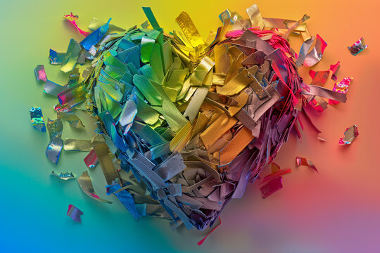 A heart composed of rainbow-colored metal shavings, industrial and modern, set against a gradient background that subtly blends rainbow hues. - Powered by Adobe