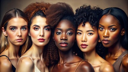 Obraz premium Face portrait, diversity and beauty of women in studio isolated on a brown background. Makeup cosmetics, skincare and group of female models with healthy or glowing skin after spa facial treatment.