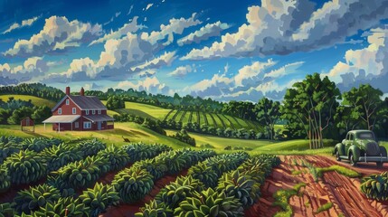 82. American Regionalism-style durian paintings depicting rural life and agricultural scenes, with a focus on realism and narrative storytelling, inspired by the American Regionalist movement of the