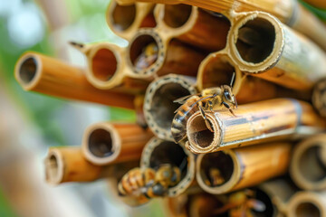 Close-Up of Bee on Bamboo Insect House. A detailed close-up of a bee exploring a bamboo insect house, highlighting the intricate textures and natural design.