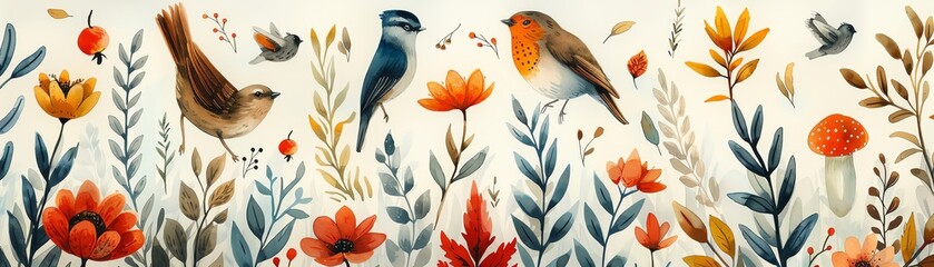 A beautiful watercolor painting of a variety of birds and flowers