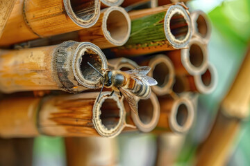 Close-Up of Bee on Bamboo Insect House. A detailed close-up of a bee exploring a bamboo insect house, highlighting the intricate textures and natural design.