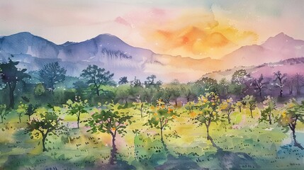 98. Watercolor landscape painting of a durian orchard at sunset, with soft washes of color capturing the beauty and tranquility of the scene, rendered in the delicate medium of watercolor
