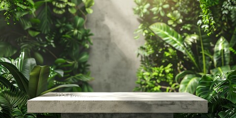 Podium background product green nature 3D forest stand white plant. Cosmetic background product podium display wood jungle studio garden beauty platform presentation mockup pedestal stone tropical