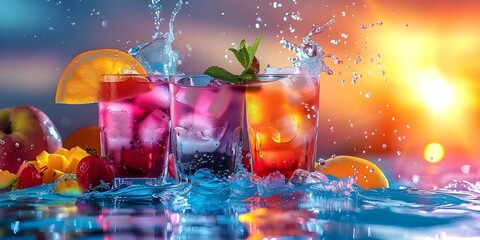 Summer pool party with tropical cocktails fruits and splashing in the sun. Concept Summer Party, Poolside Fun, Tropical Cocktails, Fruity Delights, Sun-soaked Splashing