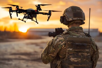 Soldier Commanding Surveillance Drone in Tactical Military