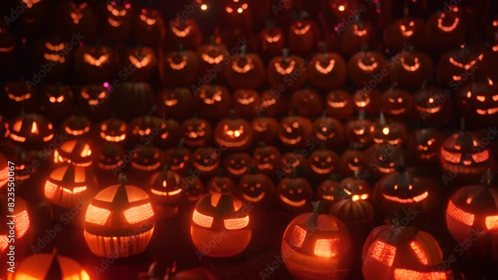 Poster illuminated pumpkins displayed in quantity generative ai