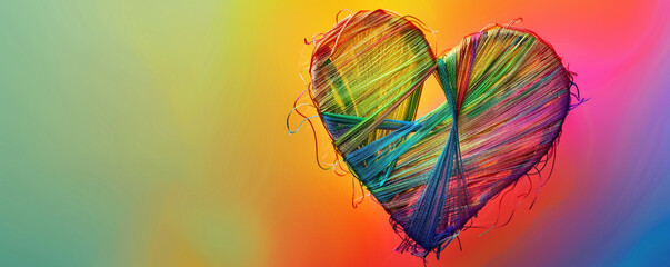 A heart formed by rainbow-colored silk threads, finely woven, set against a gradient background shifting through similar rainbow colors.