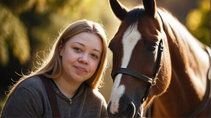 Obraz premium Heartwarming bond between young woman with Down syndrome and horse. Experience of the power of equine therapy during beautiful summer day.