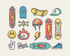 Vector illustrations of skateboard-themed line art objects, including lightning, peace hand signs, hats, shoes, skulls, helmets, and skateboards. © cddesign.co
