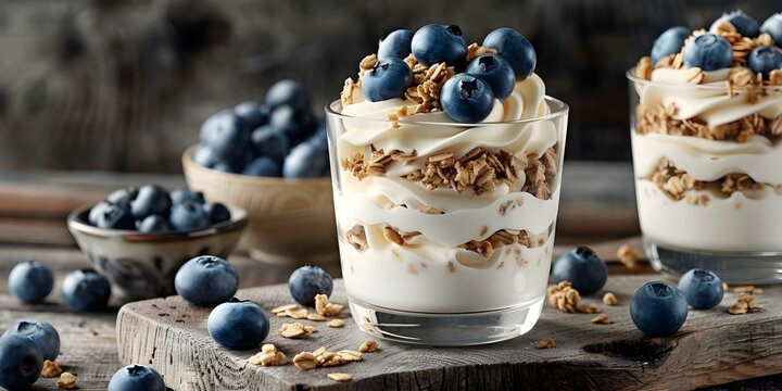 Greek yogurt parfait with fresh blueberries and granola on wooden background. Concept Food Photography, Healthy Eating, Breakfast Ideas, Fresh Ingredients, Organic Eating