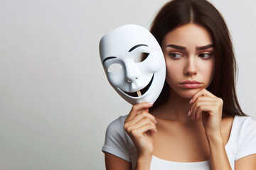 sad woman holds happy mask emotions Isolated on white background