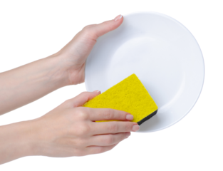 White plate with clean sponge in hand on white background isolation