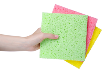 Cleaning washing rags in hand on white background isolation