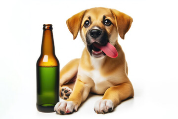 A drunk dog sits near a bottle of beer and licks it with its tongue Isolated on white background