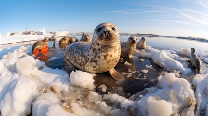 Fototapeta premium Seals on sea ice and garbage 