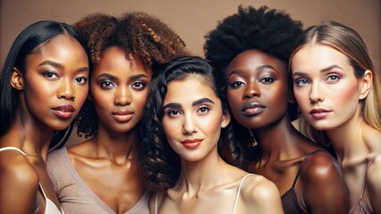 Obraz premium Face portrait, diversity and beauty of women in studio isolated on a brown background. Makeup cosmetics, skincare and group of female models with healthy or glowing skin after spa facial treatment.