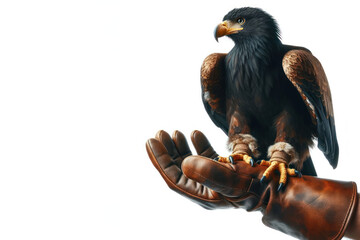 An eagle sits on a gloved hand Isolated on white background