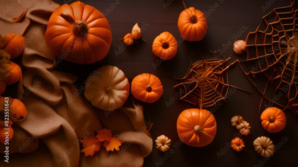 Poster table adorned with pumpkins and spider web generative ai