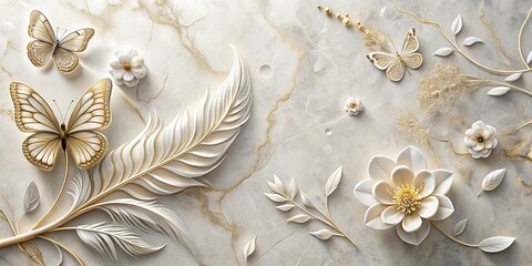 Marble background with silhouette of feather, flower, and butterfly for elegant wall decoration 