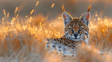 heart of African savannah Serval prowl through tall grass sleek form moving effortless grace precision. keen eye scanning horizon sign of prey stalk quarry unparalleled stealth focus distinctive marki