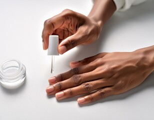 A close-up of hands applying a clear base coat to fingernails