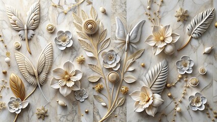 Modern and chic wall decor with a stylish marble backdrop and intricate designs of feathers, flowers, and butterflies, ideal for adding a touch of luxury to any space 